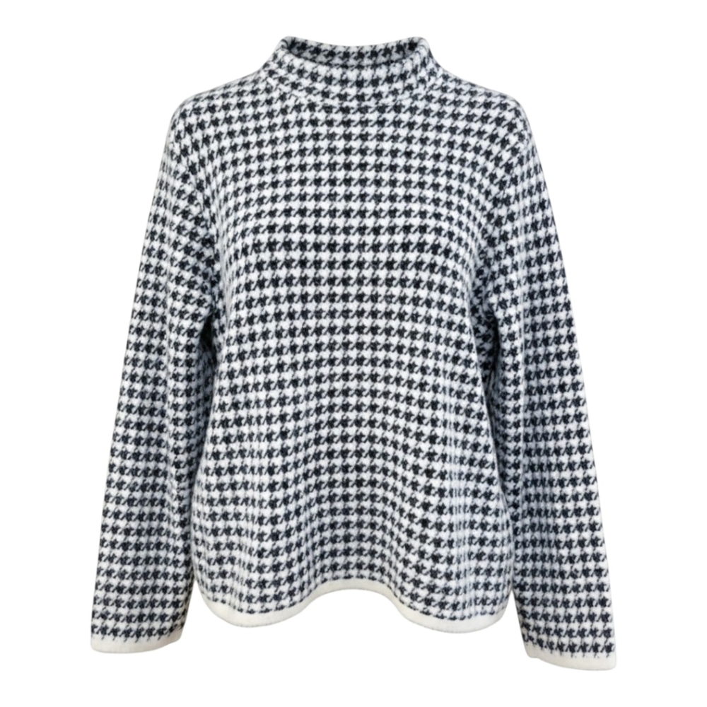 Max Studio Fuzzy Black/White Moch Neck Houndstooth Sweater Size XL